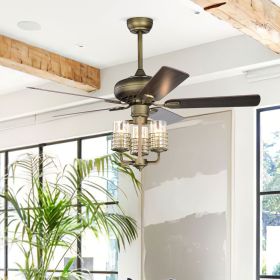 52inch Bronze Metal 3 Lights Ceiling Fan with 5 Wood Blades; Two-color fan blade; AC Motor; Remote Control; Reversible Airflow; Multi-Speed; Adjustabl