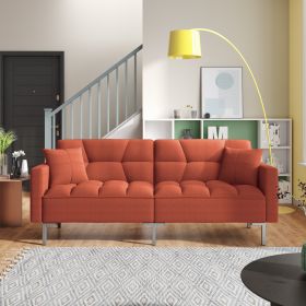 Linen Upholstered Modern Convertible Folding Futon Sofa Bed for Compact Living Space; Apartment; Dorm (Color: Orange)